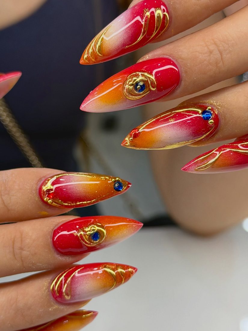 red and orange nail art, ombré and 3D nails, stiletto shape — nail salon in Calhoun, GA — Sonny & Tee