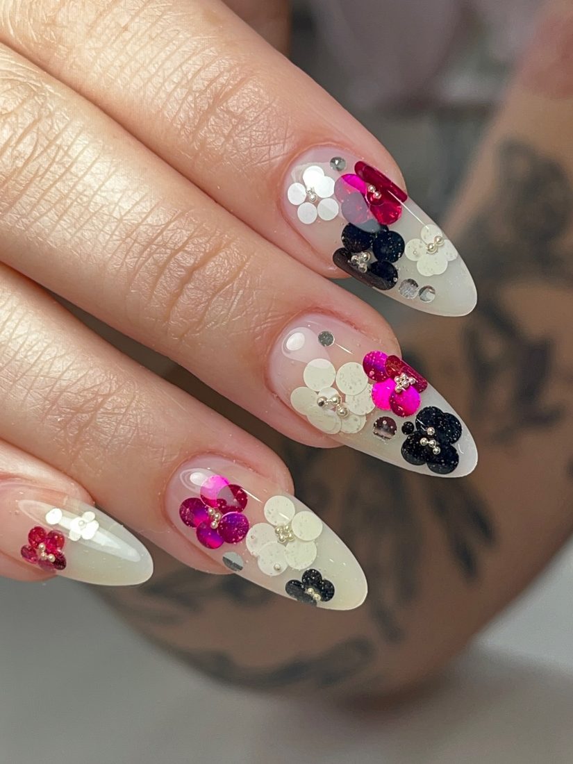 white and pink 3D and nail art nails, stiletto shape — nail salon in Calhoun, GA — Sonny & Tee