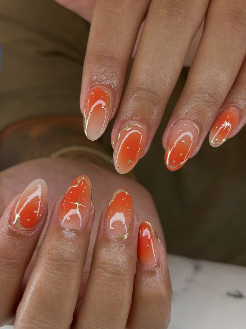 orange and gold ombré and nail art nails, almond shape — nail salon in Calhoun, GA — Sonny & Tee