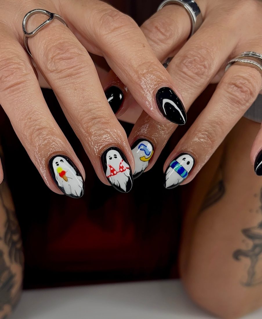 black and white nail art nails, almond shape — nail salon in Calhoun, GA — Sonny & Tee