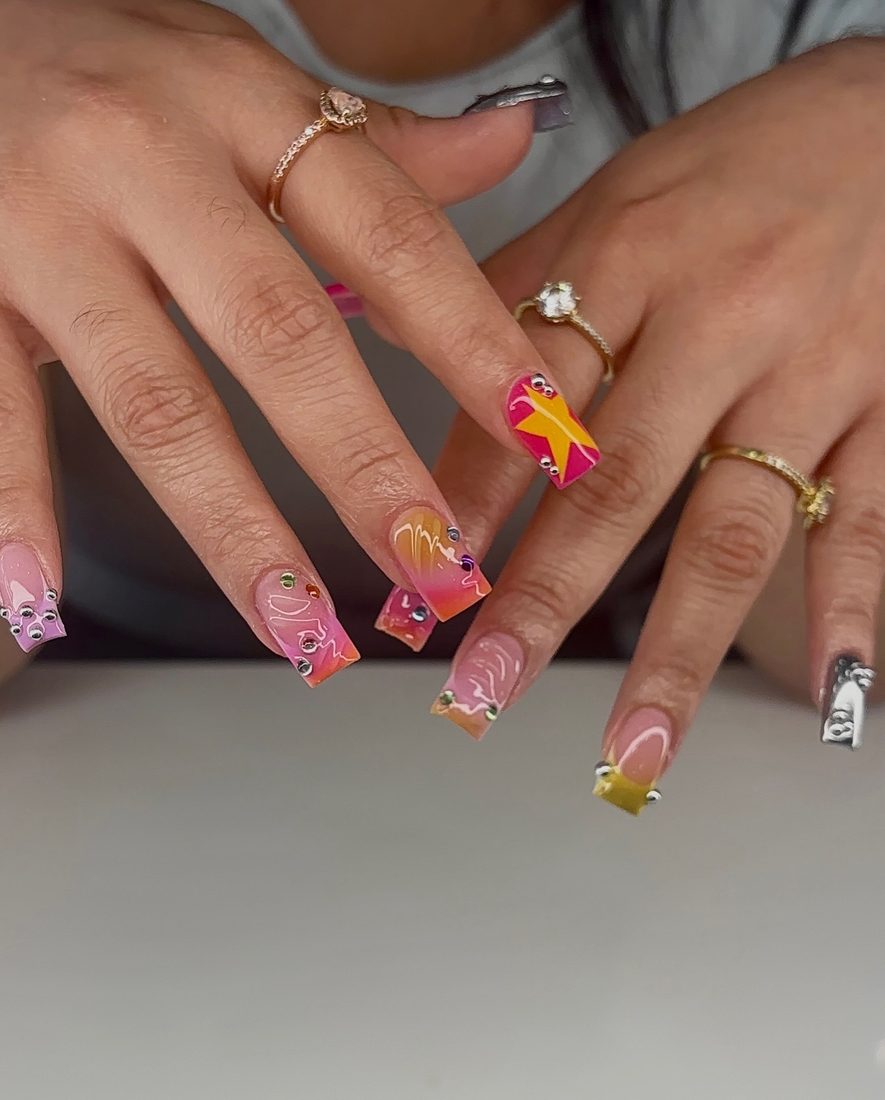 pink and orange nail art and 3D nails, square shape — nail salon in Calhoun, GA — Sonny & Tee