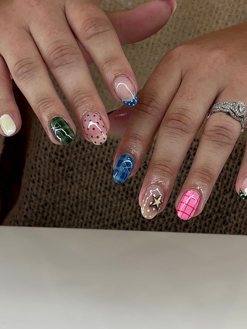 green and pink nail art and french nails, oval shape — nail salon in Calhoun, GA — Sonny & Tee