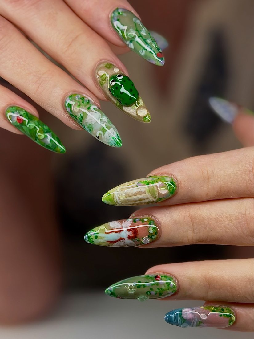 green and white 3D and nail art nails, stiletto shape — nail salon in Calhoun, GA — Sonny & Tee