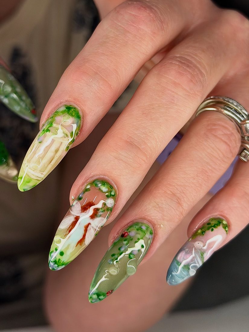 green and white 3D and nail art nails, stiletto shape — nail salon in Calhoun, GA — Sonny & Tee