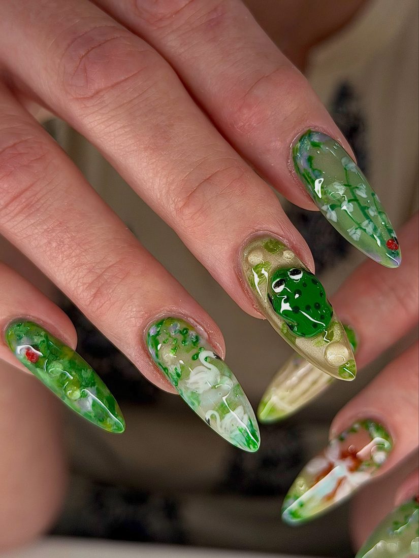 green and white 3D and nail art nails, stiletto shape — nail salon in Calhoun, GA — Sonny & Tee