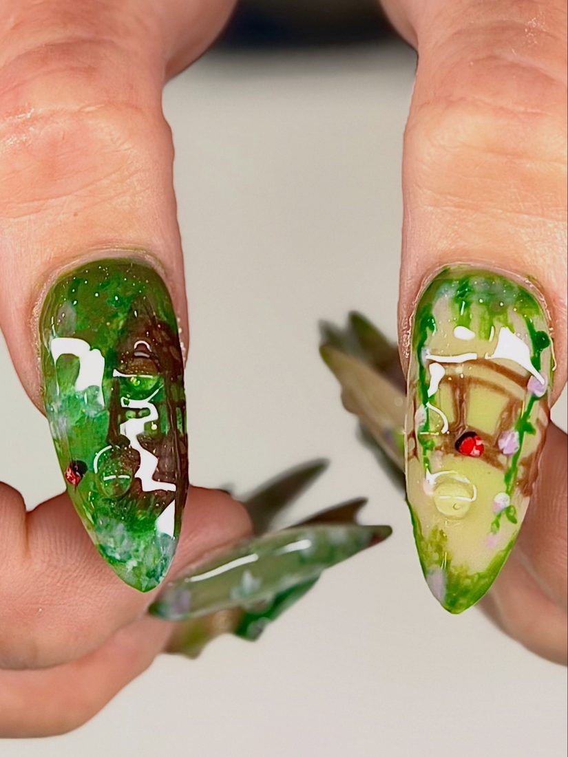 green and nude 3D and nail art nails, stiletto shape — nail salon in Calhoun, GA — Sonny & Tee