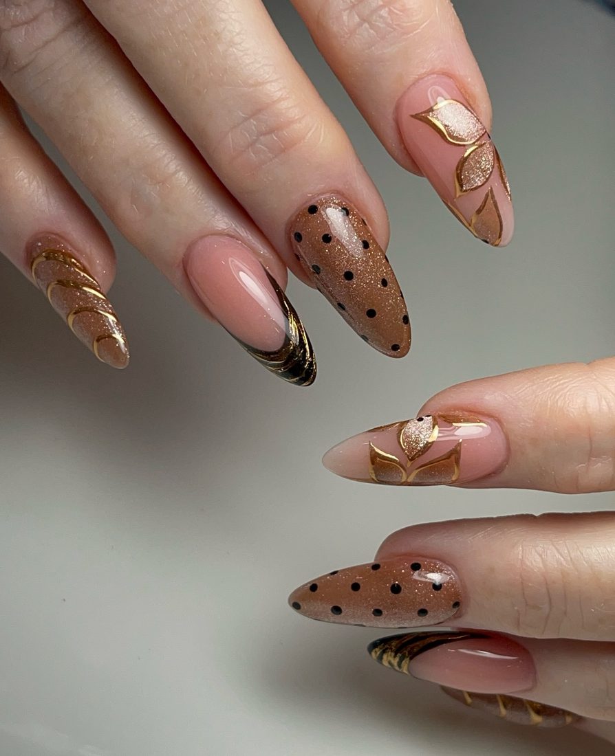 nude and gold nail art, glitter and 3D nails, almond shape — nail salon in Calhoun, GA — Sonny & Tee