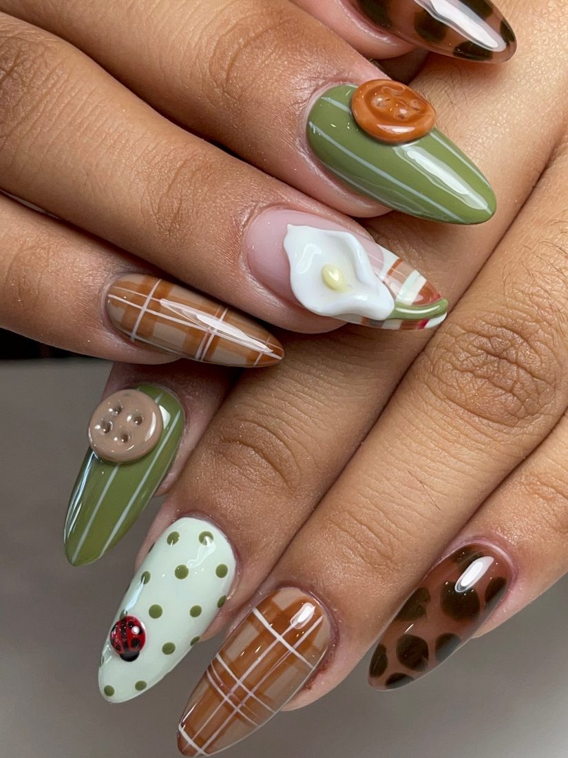 green and nude 3D and nail art nails, almond shape — nail salon in Calhoun, GA — Sonny & Tee