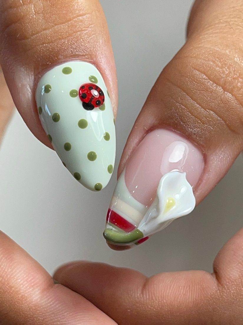 green and white 3D and nail art nails, almond shape — nail salon in Calhoun, GA — Sonny & Tee