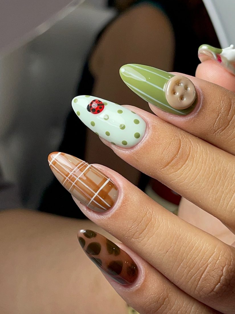 green and nude 3D and nail art nails, almond shape — nail salon in Calhoun, GA — Sonny & Tee