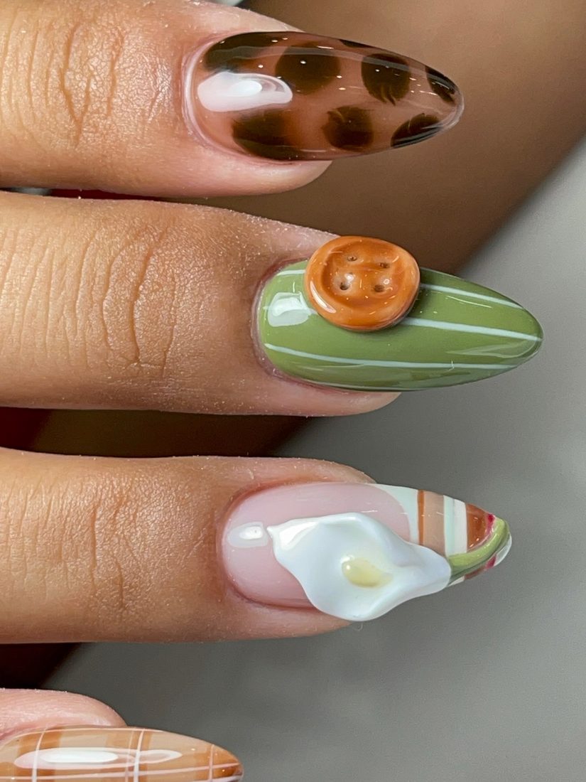 green and nude 3D and nail art nails, almond shape — nail salon in Calhoun, GA — Sonny & Tee