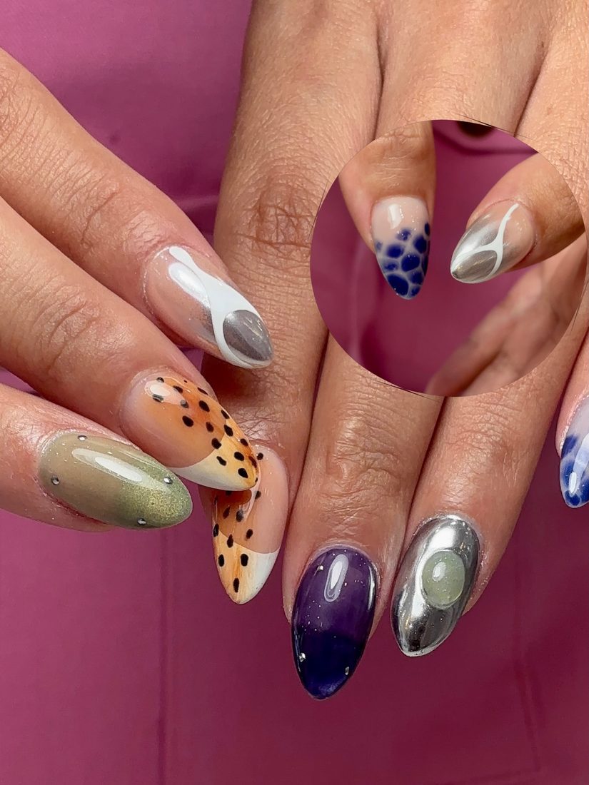 chrome and purple chrome, nail art and 3D nails, almond shape — nail salon in Calhoun, GA — Sonny & Tee