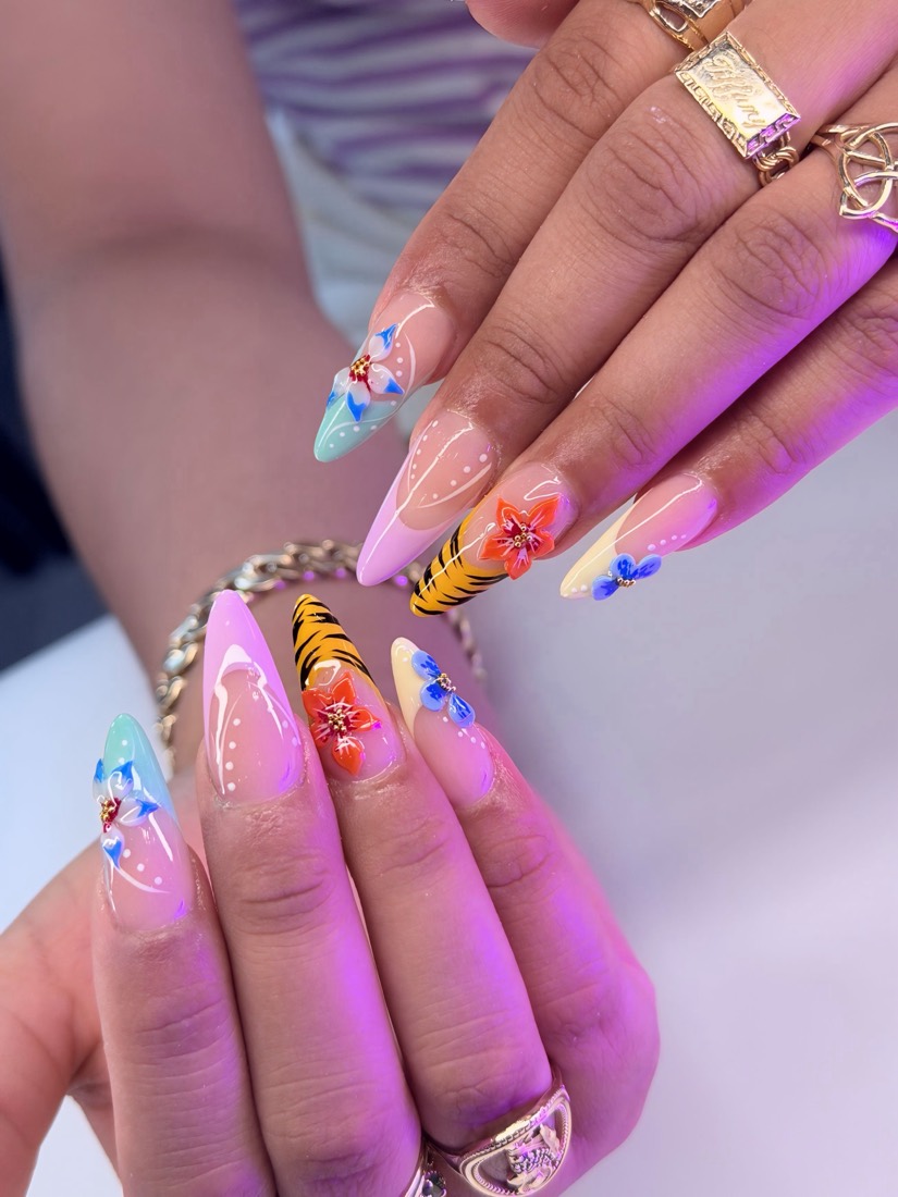 pink and blue 3D and nail art nails, stiletto shape — nail salon in Rome, GA — Sonny & Tee