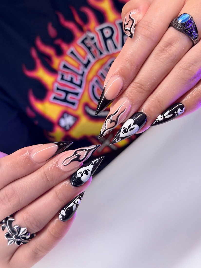 black and white nail art nails, stiletto shape — nail salon in Rome, GA — Sonny & Tee