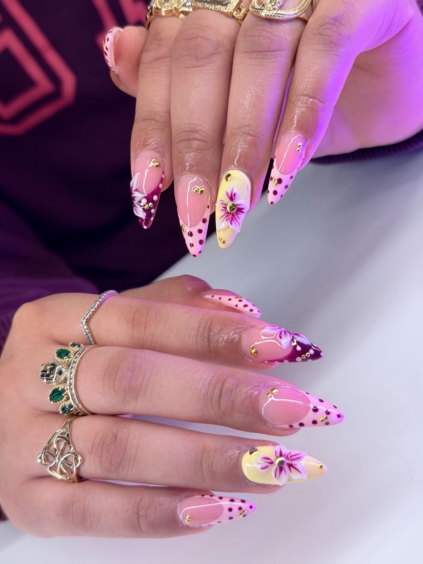pink and gold 3D nails, stiletto shape — nail salon in Rome, GA — Sonny & Tee