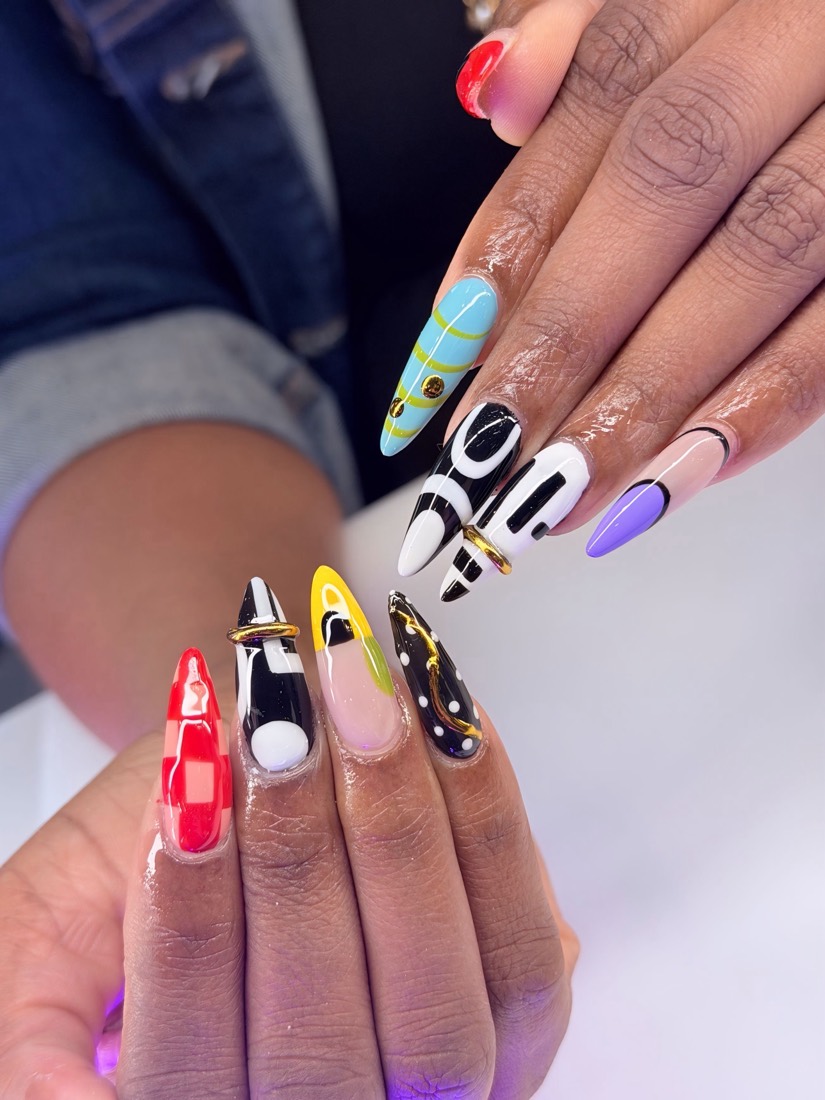 black and red nail art nails, almond shape — nail salon in Rome, GA — Sonny & Tee