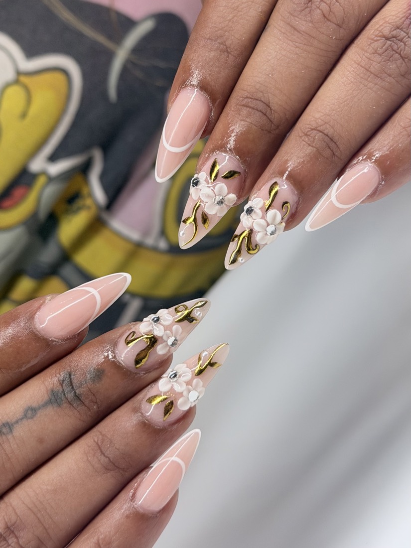 nude and gold 3D nails, stiletto shape — nail salon in Rome, GA — Sonny & Tee