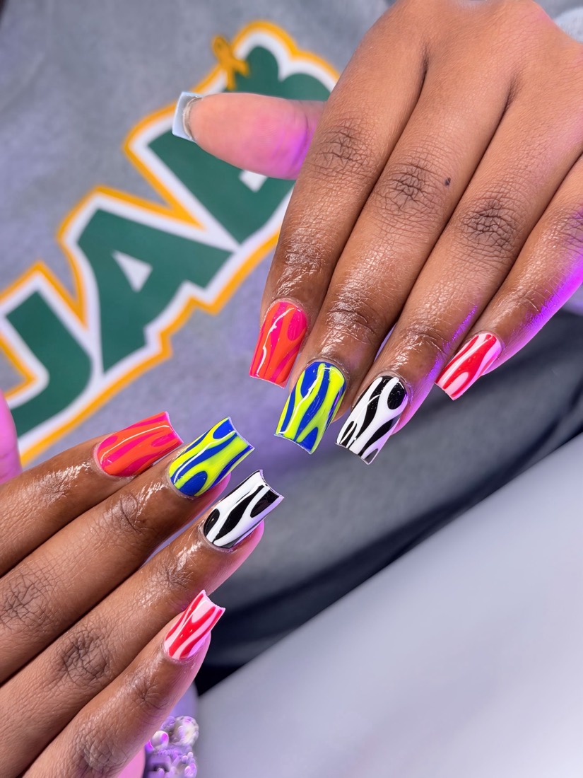 blue and red nail art nails, coffin shape — nail salon in Rome, GA — Sonny & Tee