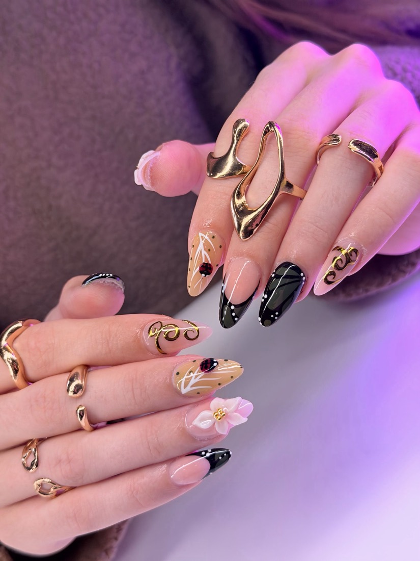 nude and black 3D and nail art nails, almond shape — nail salon in Rome, GA — Sonny & Tee