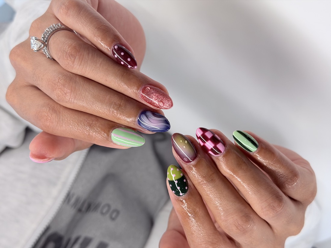 green and pink nail art nails, oval shape — nail salon in Rome, GA — Sonny & Tee