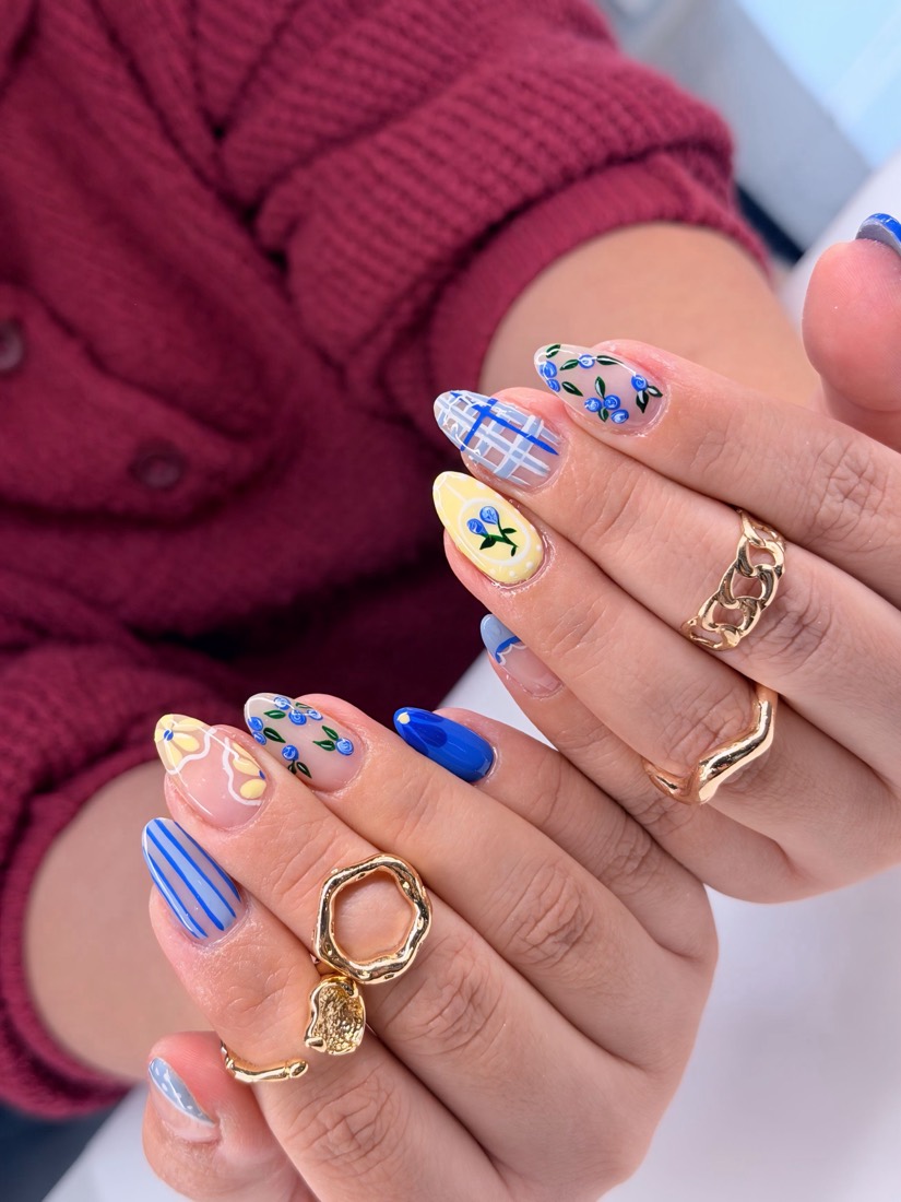 blue and gold nail art nails, almond shape — nail salon in Rome, GA — Sonny & Tee