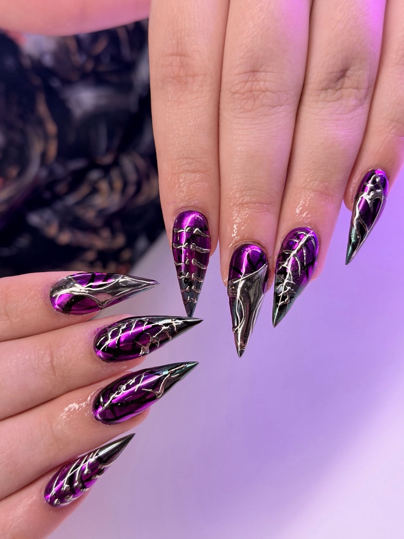 chrome and black chrome and 3D nails, stiletto shape — nail salon in Rome, GA — Sonny & Tee