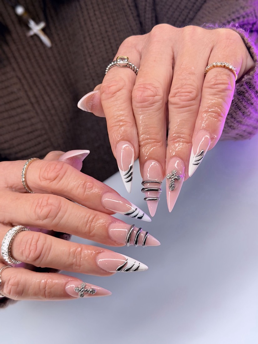 nude and white 3D and french nails, stiletto shape — nail salon in Rome, GA — Sonny & Tee