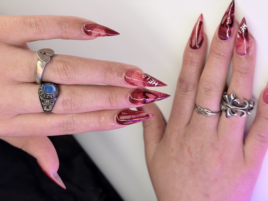 red and black nail art nails, stiletto shape — nail salon in Rome, GA — Sonny & Tee