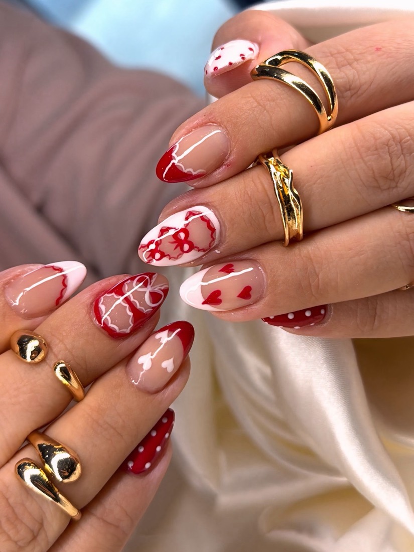 nude and red french and nail art nails, almond shape — nail salon in Rome, GA — Sonny & Tee