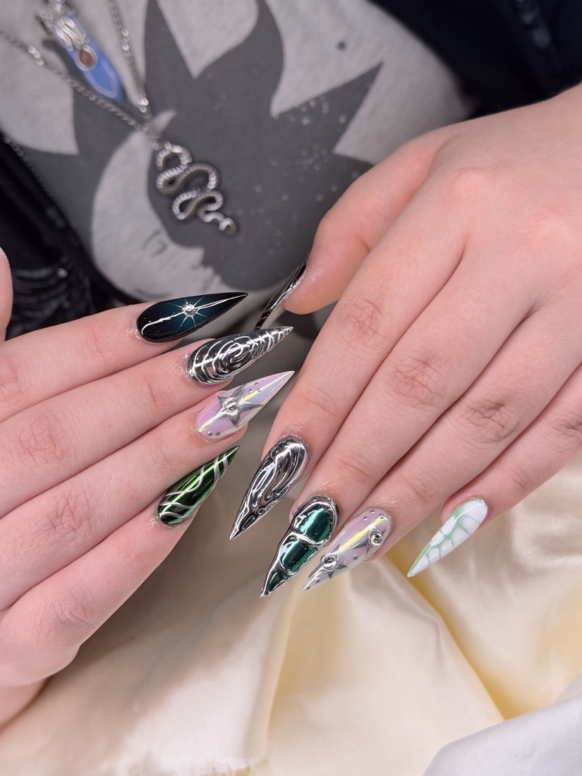 chrome and green 3D and chrome nails, stiletto shape — nail salon in Rome, GA — Sonny & Tee