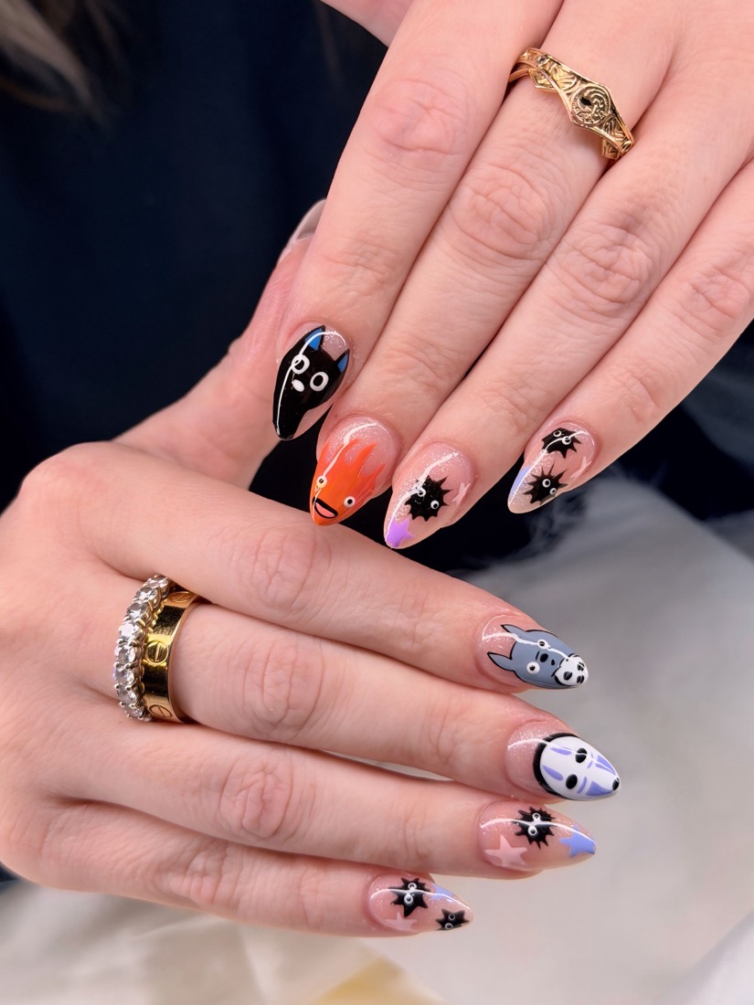 nude and black nail art nails, almond shape — nail salon in Rome, GA — Sonny & Tee