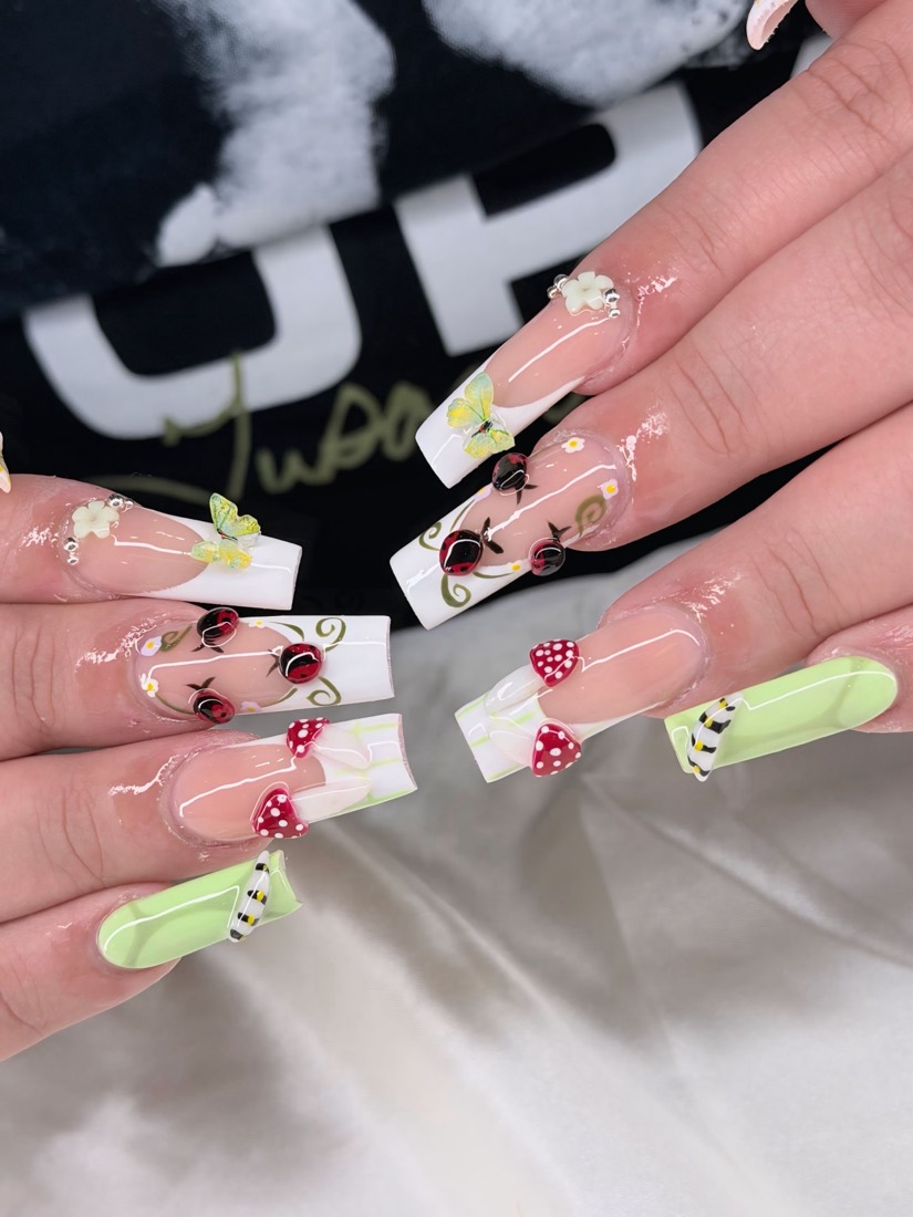 white and green french and 3D nails, square shape — nail salon in Rome, GA — Sonny & Tee