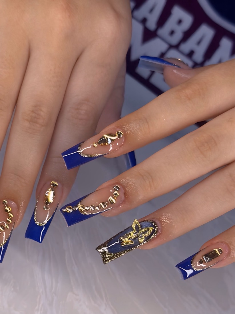 blue and gold french and 3D nails, coffin shape — nail salon in Rome, GA — Sonny & Tee
