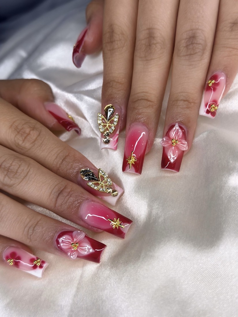 red and pink 3D and nail art nails, coffin shape — nail salon in Rome, GA — Sonny & Tee