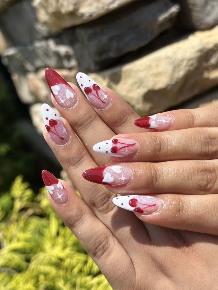 white and red french and nail art nails, almond shape — nail salon in Rome, GA — Sonny & Tee