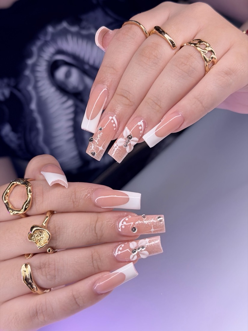 nude and white french and 3D nails, coffin shape — nail salon in Rome, GA — Sonny & Tee