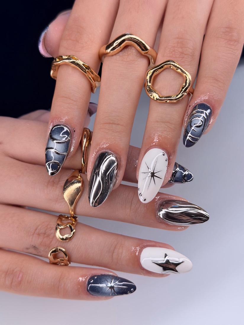 chrome and white chrome and nail art nails, almond shape — nail salon in Rome, GA — Sonny & Tee