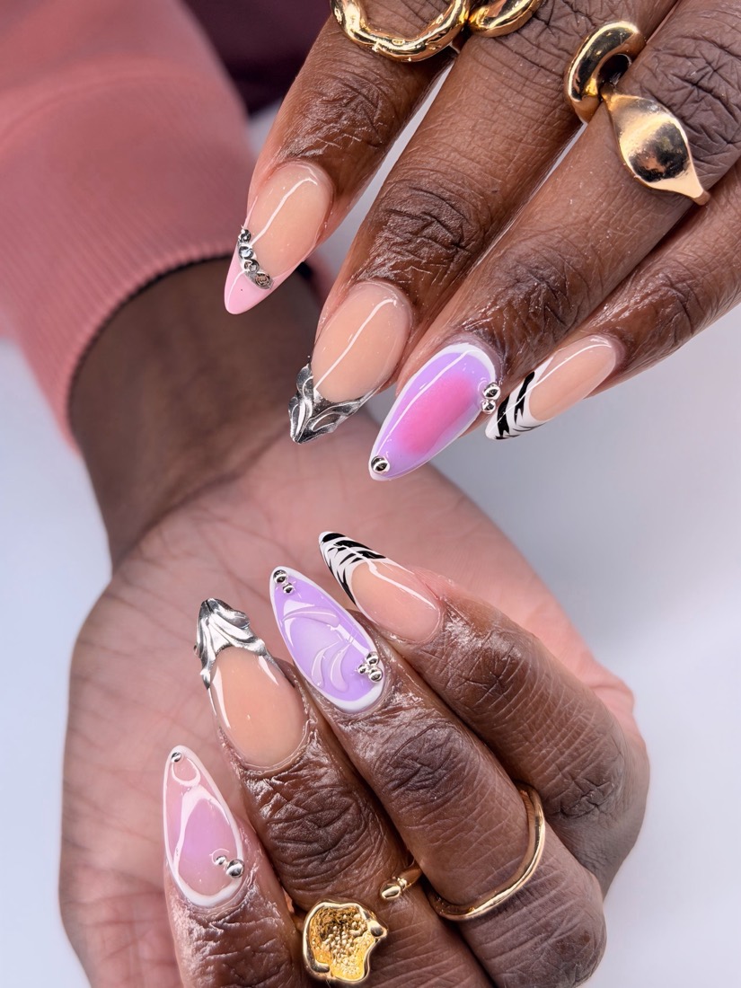 nude and pink french and nail art nails, almond shape — nail salon in Rome, GA — Sonny & Tee