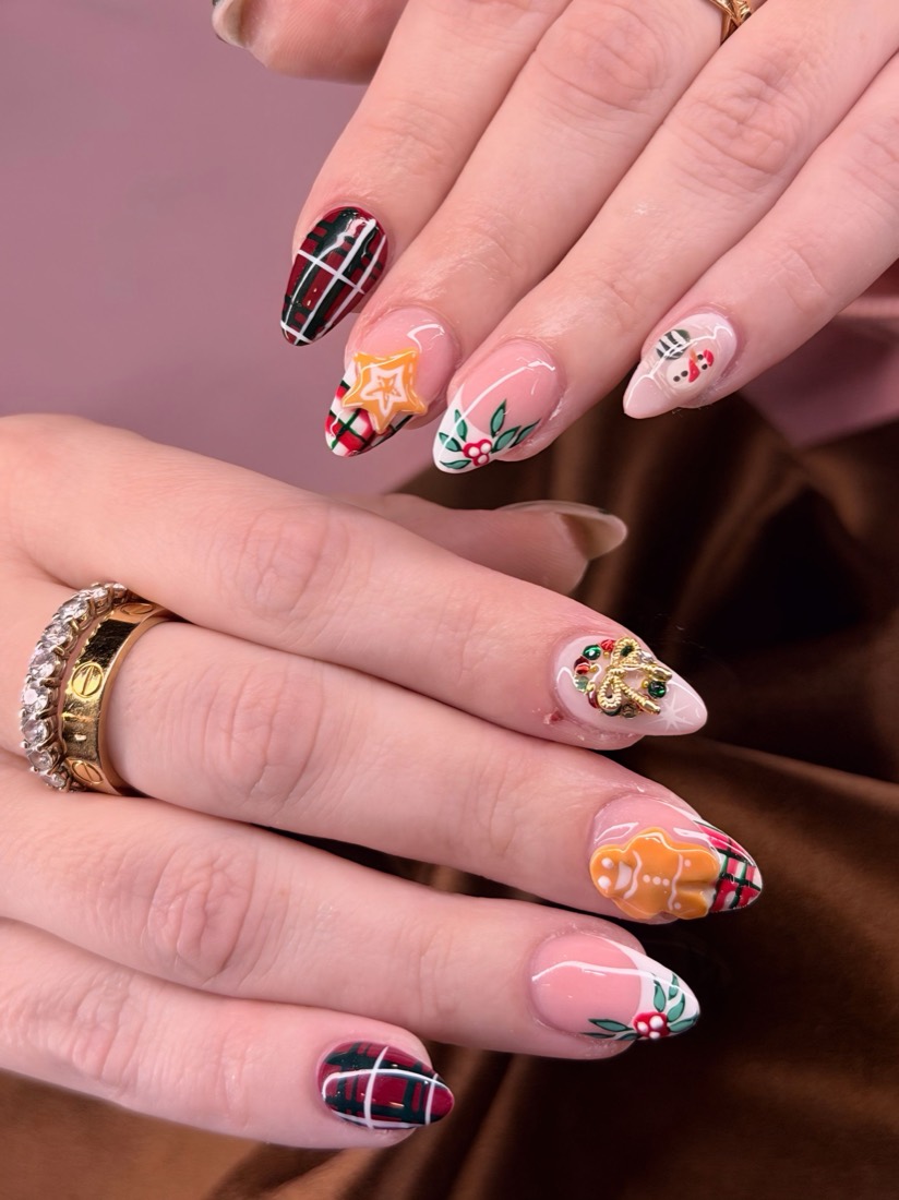 red and green nail art and 3D nails, almond shape — nail salon in Rome, GA — Sonny & Tee