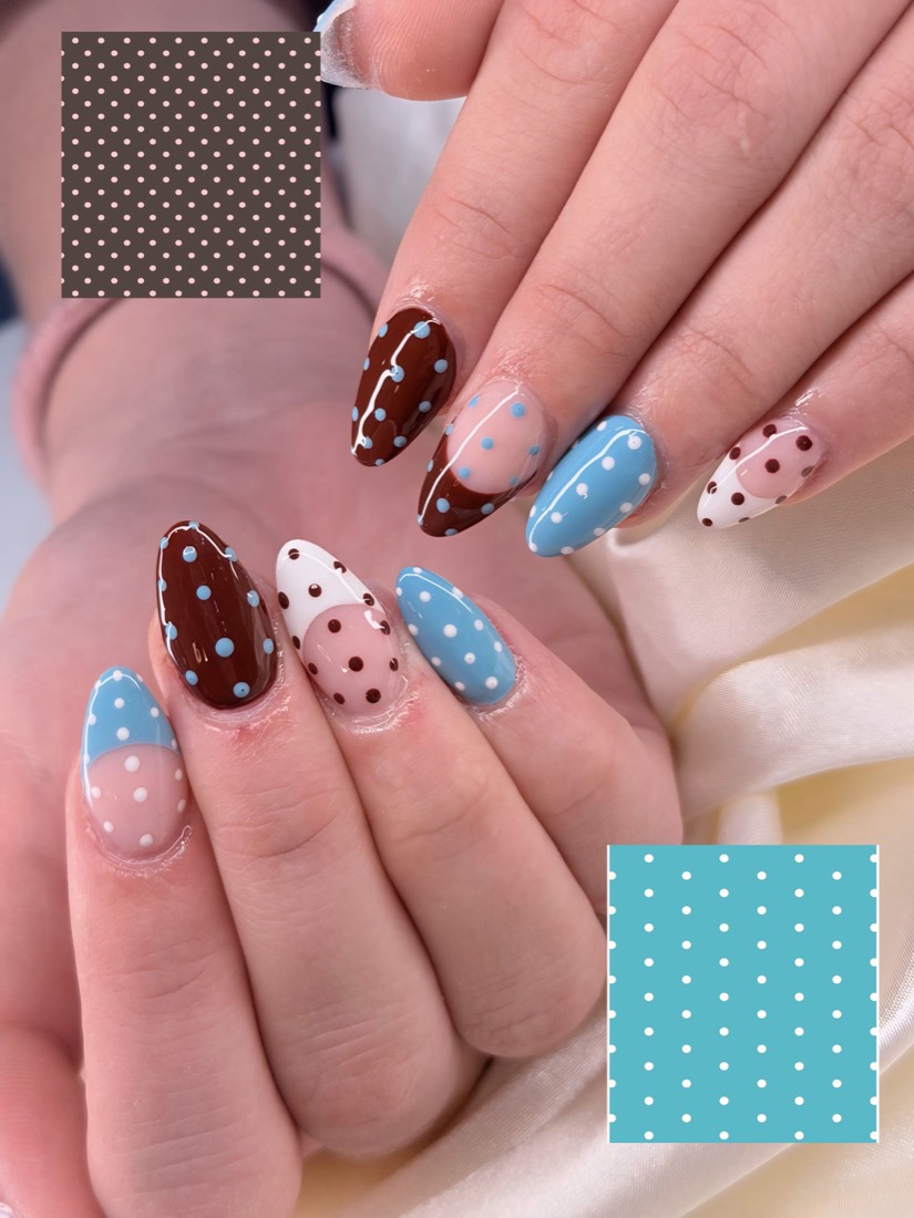 blue and white nail art nails, almond shape — nail salon in Rome, GA — Sonny & Tee