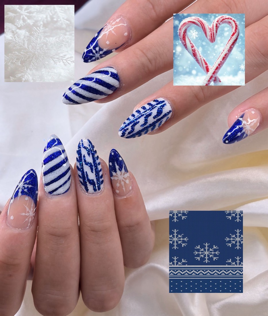 blue and white nail art and glitter nails, stiletto shape — nail salon in Rome, GA — Sonny & Tee