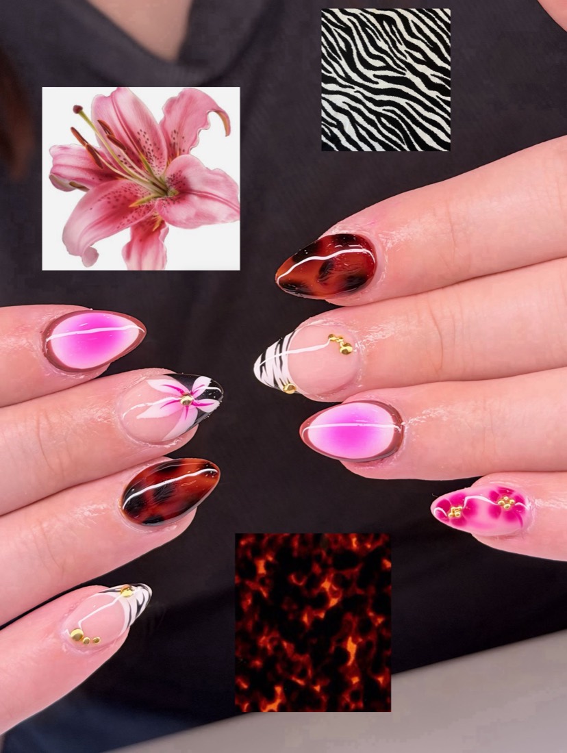 pink and red nail art nails, almond shape — nail salon in Rome, GA — Sonny & Tee