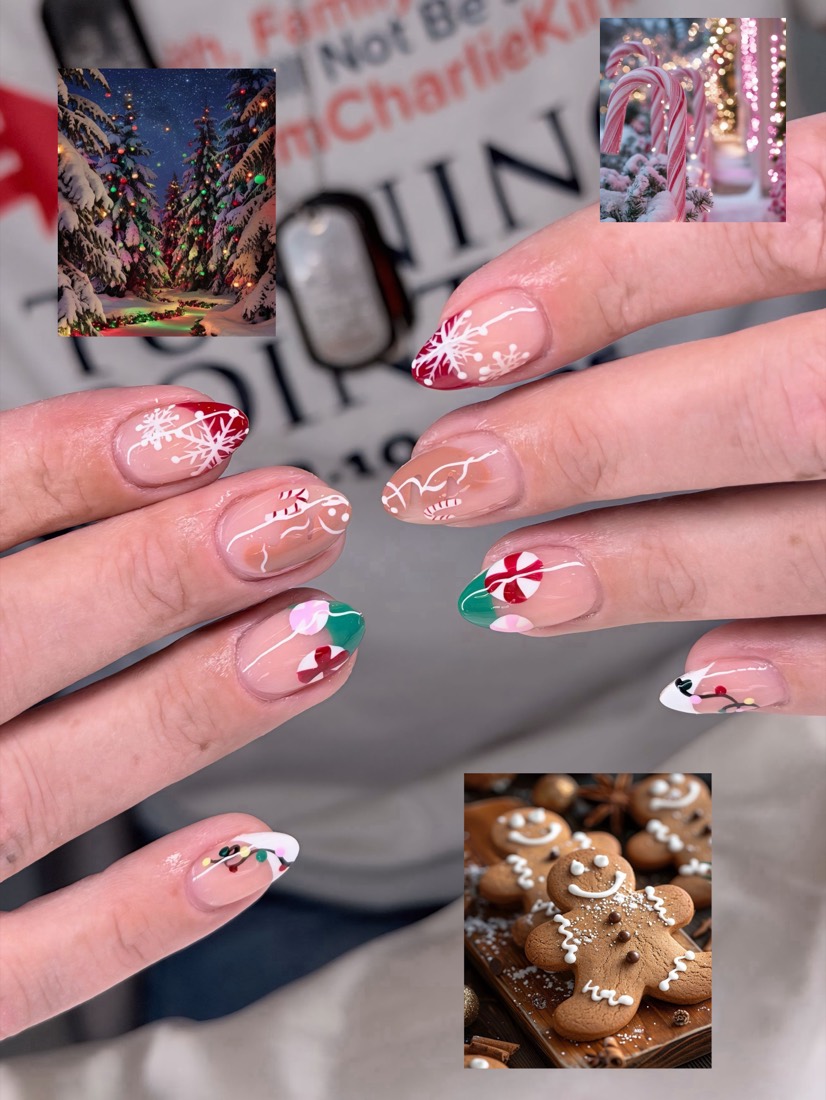 nude and red nail art nails, oval shape — nail salon in Rome, GA — Sonny & Tee