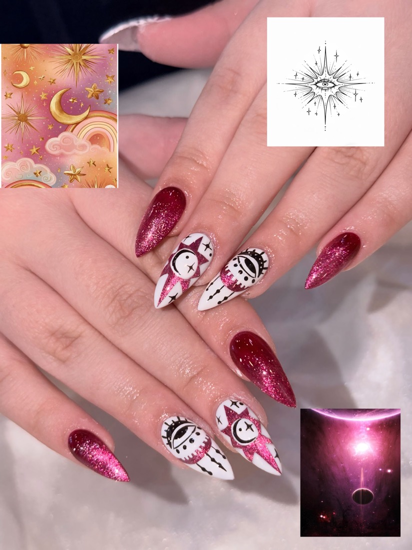 red and white glitter and nail art nails, stiletto shape — nail salon in Rome, GA — Sonny & Tee