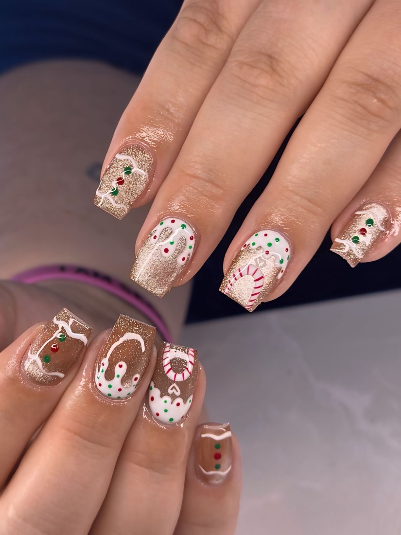 gold and white glitter and nail art nails, square shape — nail salon in Rome, GA — Sonny & Tee