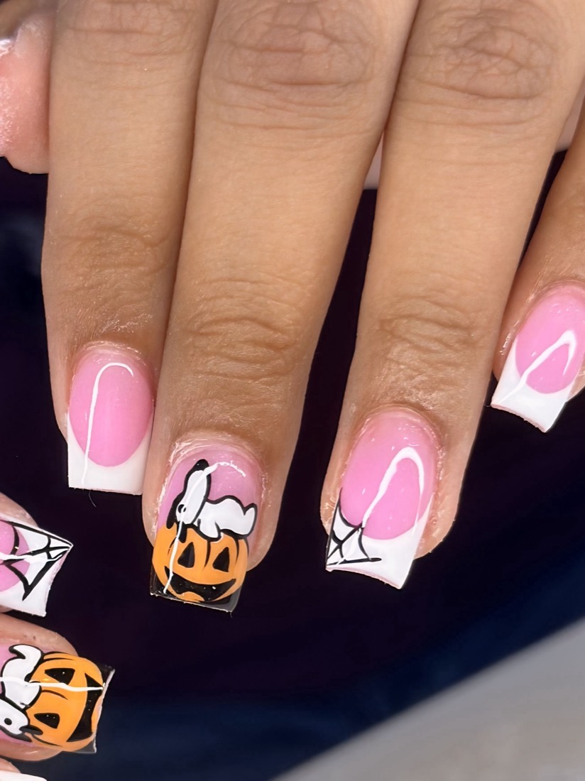 pink and white french and nail art nails, square shape — nail salon in Rome, GA — Sonny & Tee