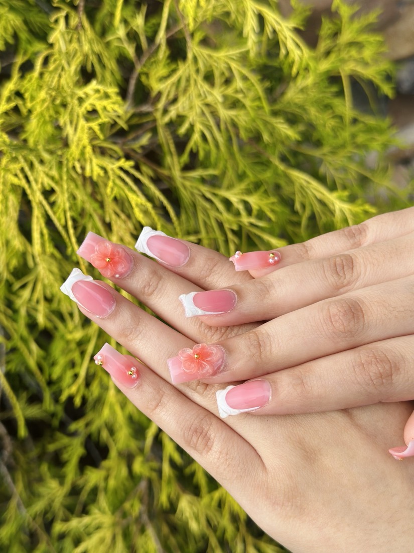 pink and white french and 3D nails, coffin shape — nail salon in Rome, GA — Sonny & Tee
