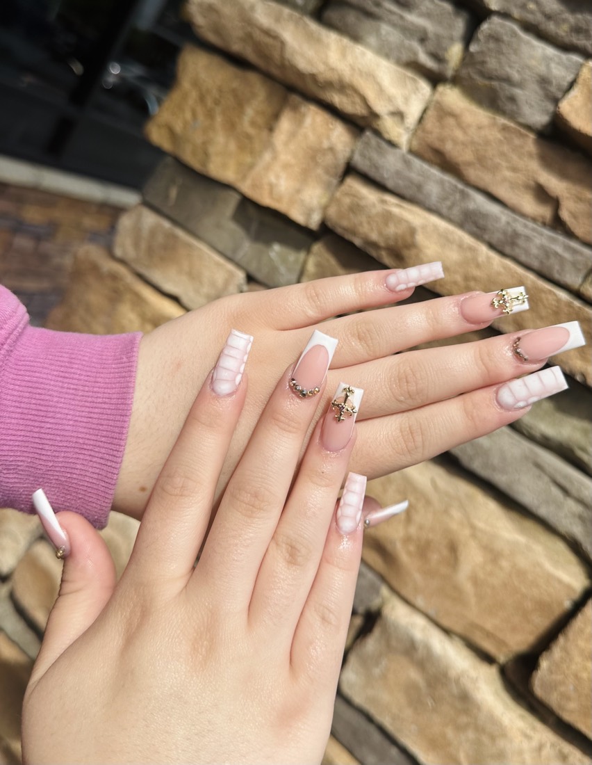 nude and white french and 3D nails, coffin shape — nail salon in Rome, GA — Sonny & Tee