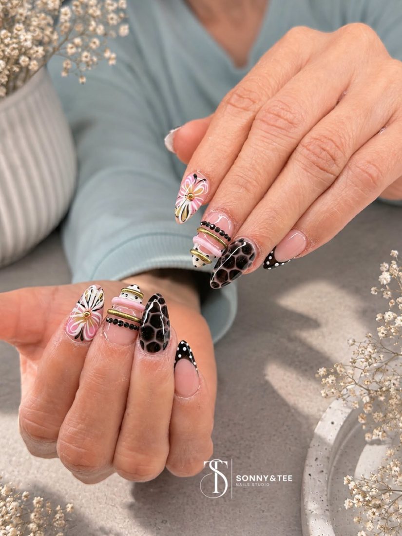 pink and black 3D and nail art nails, almond shape — nail salon in Rome, GA — Sonny & Tee