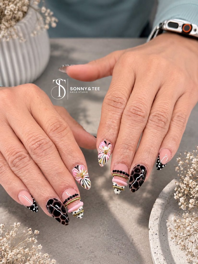 pink and black 3D and nail art nails, almond shape — nail salon in Rome, GA — Sonny & Tee
